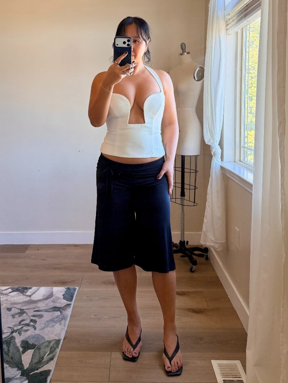Vintage Amy Wear Y2K Black Ruched Skirt | Crop Culotte | Polyester Spandex | M
